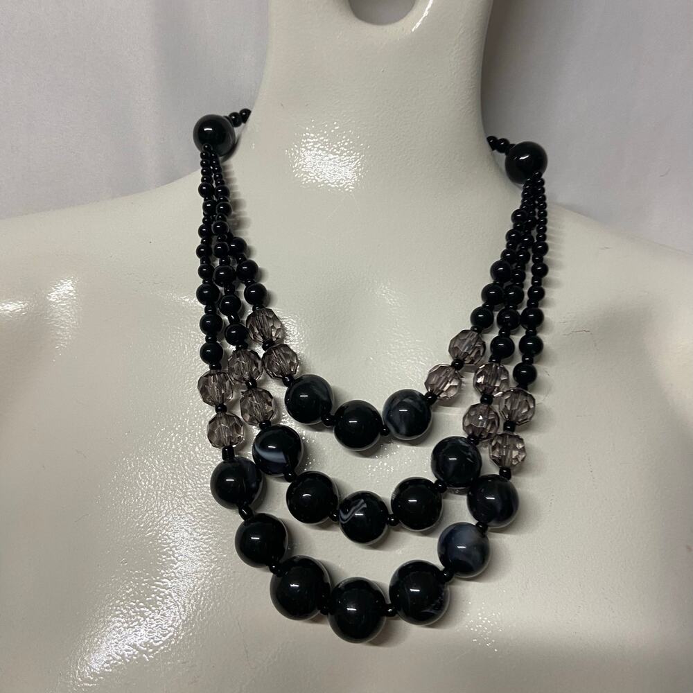 Layered Choker Round Black Swirl Beads Faceted Clear Crystal Vintage 3 Strand